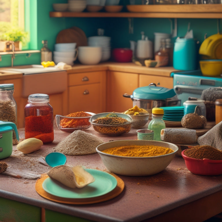 A cluttered kitchen countertop with piles of dirty dishes, overflowing utensil jars, and a toaster with crumbs scattered around it, surrounded by a worn-out kitchen towel and a few stray spices.