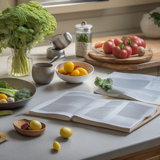 A cluttered kitchen counter with scattered recipe books, crumpled papers, and a few vegetables, contrasted with a clean and organized kitchen counter with a single, neat meal planning template and a few fresh ingredients.