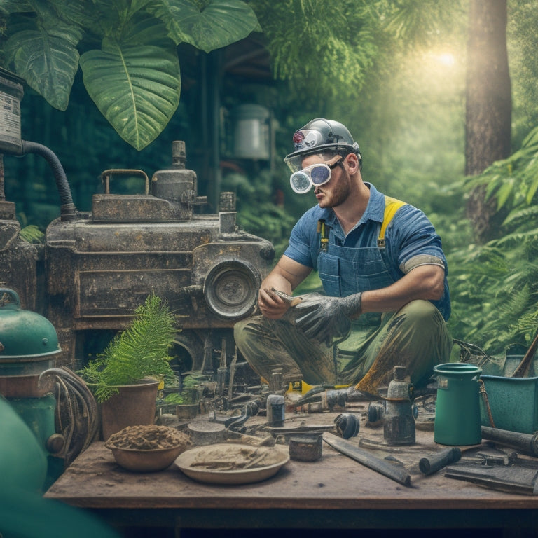 A workshop scene with a person in overalls and goggles, surrounded by tools and machinery parts, with a retro-style blueprint or schematic in the foreground, amidst a backdrop of lush greenery and recycling symbols.