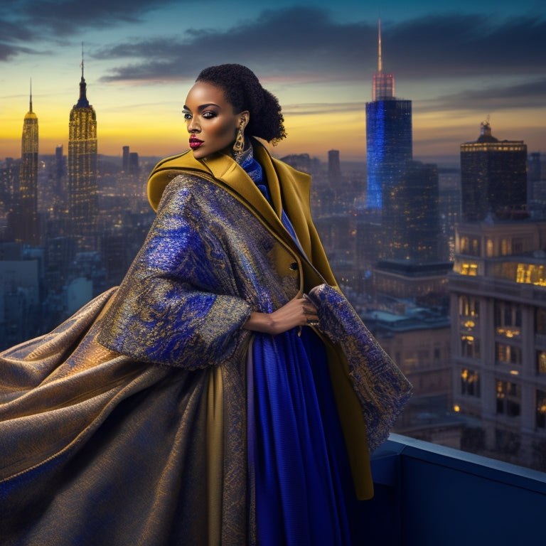 A dynamic, high-fashion illustration of a confident woman standing in front of a cityscape at dusk, surrounded by swirling fabrics, threads, and sewing tools, with a bespoke coat draped elegantly over her shoulder.