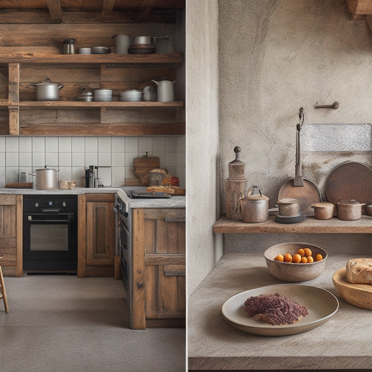 A warm, rustic kitchen with worn wooden beams, vintage cooking utensils, and a distressed stone backsplash, surrounded by sleek, modern tablets and smartphones displaying elegant digital decor ideas.