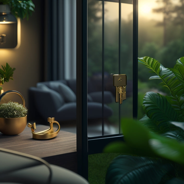 A golden key unlocking a stylized, modern home with bright lights and open windows, surrounded by lush greenery, with a subtle hint of a tablet or e-reader in the background.