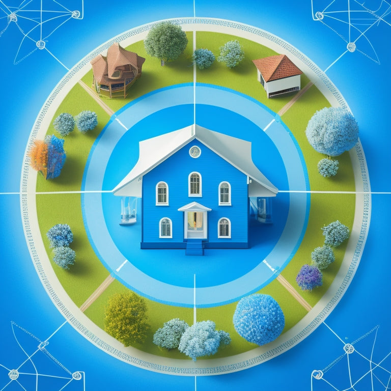 A stylized, modern illustration of a compass with a house at its center, surrounded by orbiting nodes representing different real estate services, set against a bright blue background with subtle grid patterns.