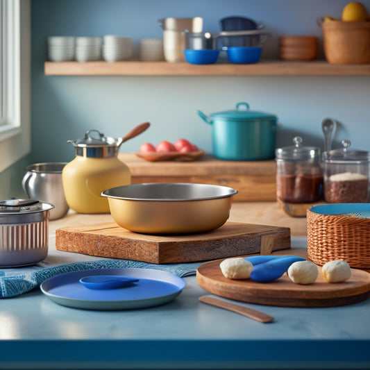 A tidy kitchen counter with a stack of 3-4 baking pans, each separated by a thin wooden or silicone divider, with a few utensils and a mixing bowl in the background.