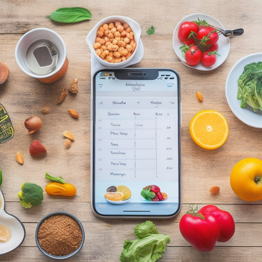 A colorful, modern illustration of a smartphone screen displaying various health and nutrition apps, surrounded by healthy food items, a kitchen scale, and a meal planning calendar in the background.