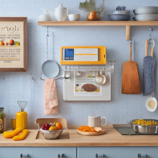 A bright, modern kitchen with a tidy countertop, a pegboard with hanging utensils, a labeled spice rack, and a tablet mounted on the wall displaying a digital recipe.