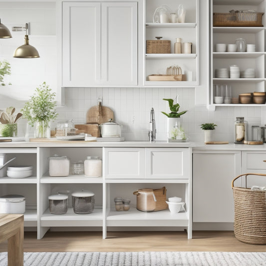 A clean and modern kitchen with a neutral color palette, featuring a wooden kitchen island with a laptop and a few printables scattered around, surrounded by neatly organized jars and utensils.