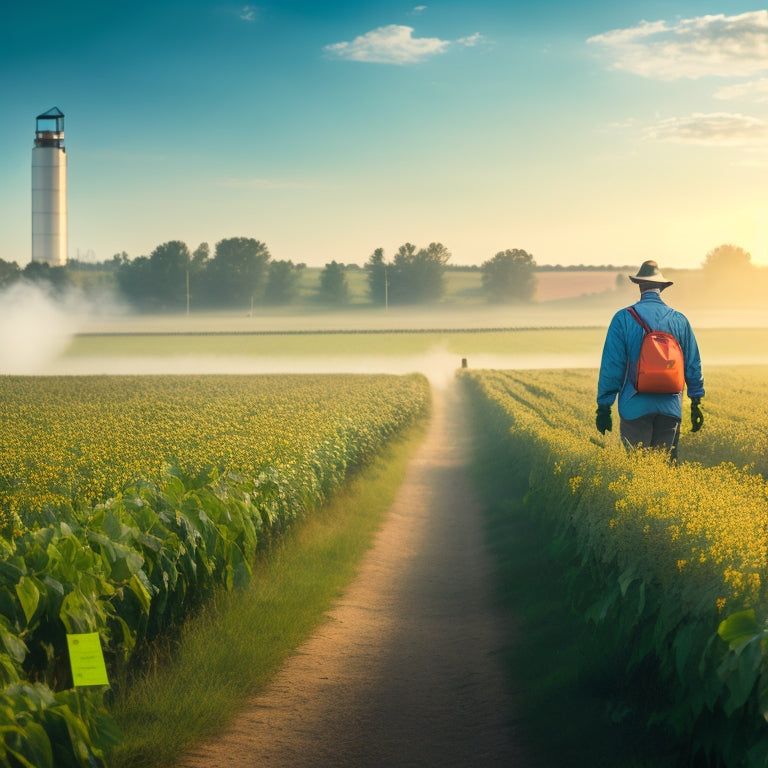 A serene Michigan landscape with a farmer in the distance, wearing a mask and gloves, standing amidst lush green crops, surrounded by warning signs and flags, with a subtle haze of pesticide mist in the air.