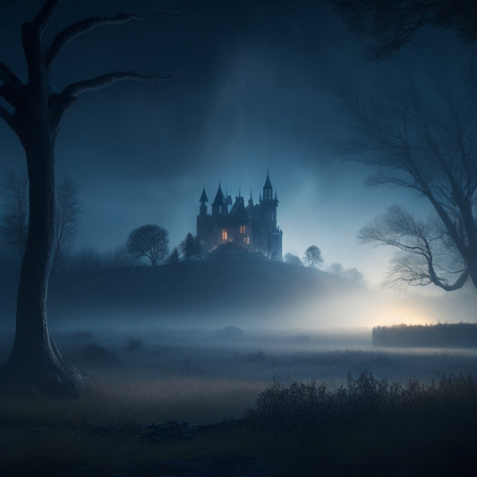 A haunting, moonlit landscape with the silhouette of Lothric Castle in the distance, surrounded by twisted, gnarled trees and wispy, glowing fog, illuminated by faint, flickering torches.