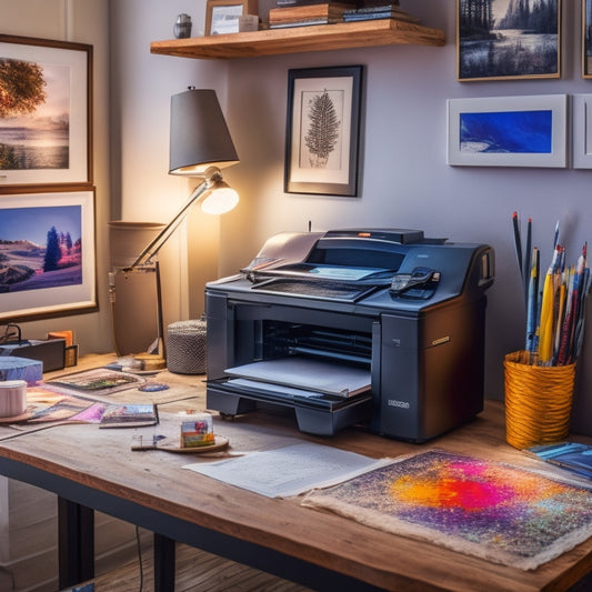 An artistic workspace with a large, sleek printer in the center, surrounded by vibrant digital art prints, colorful ink cartridges, and a few scattered art supplies, bathed in soft, warm lighting.