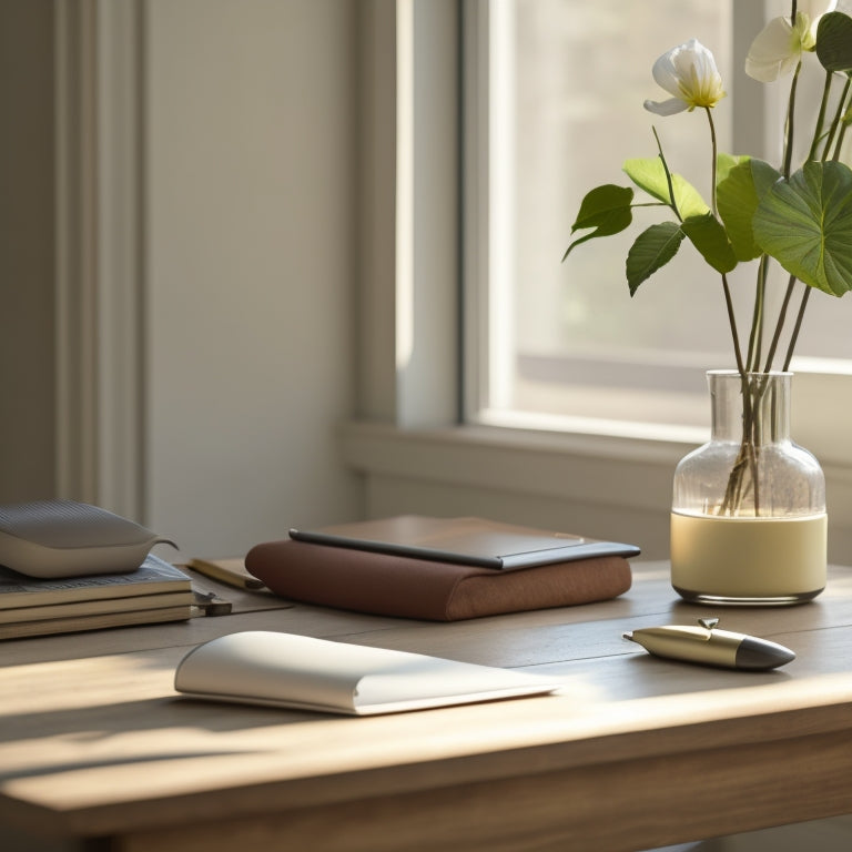 A serene, minimalist workspace with a wooden desk, a few carefully placed office supplies, and a single, blooming flower in a slender vase, bathed in soft, golden morning light.