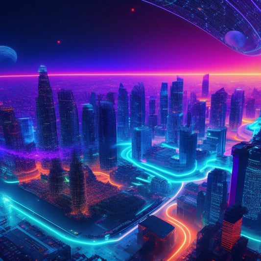 A futuristic, neon-lit cityscape with digital art pieces floating in mid-air, surrounded by glowing blockchain nodes and 3D cryptographic keys, amidst a swirl of binary code and vibrant, pulsing lights.