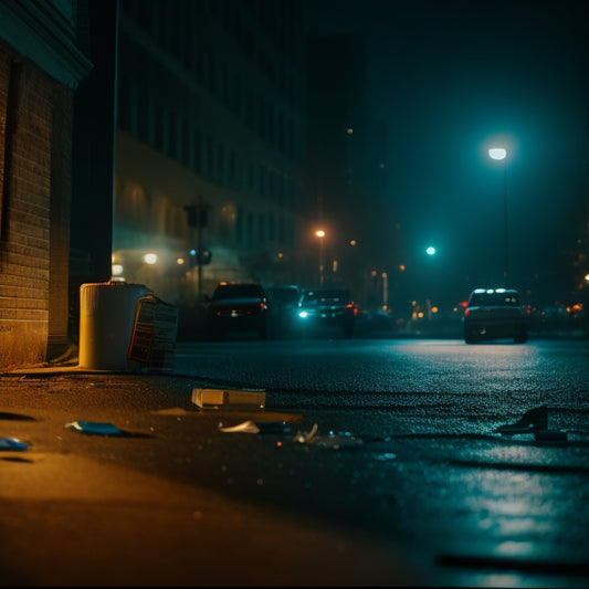 A dark, ominous cityscape at dusk, with a shadowy figure in the foreground, surrounded by crime scene tape, broken glass, and scattered documents, illuminated by a lone, flickering streetlight.