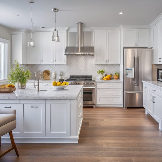 A bright, modern kitchen with sleek white cabinets, stainless steel appliances, and a large island in the center, surrounded by a stylish backsplash and warm, hardwood flooring.