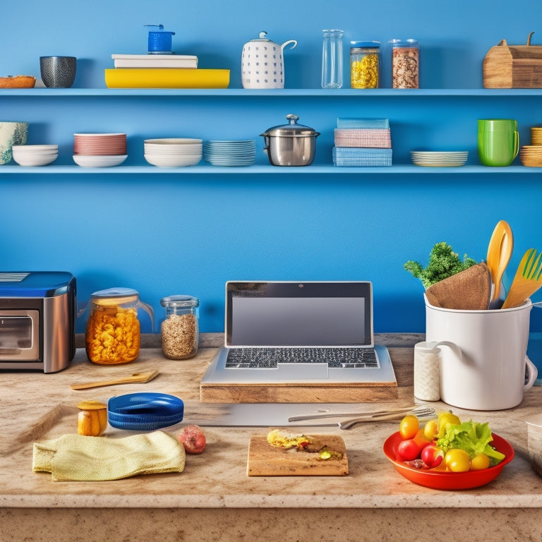 A clutter-free kitchen counter with a few neatly arranged kitchen utensils, a laptop, and a few colorful printouts of meal planning worksheets, with a subtle background of a kitchen shelf or wall.