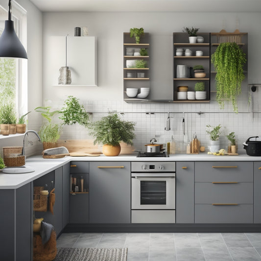 A minimalist kitchen with a few sleek, stainless steel appliances, a small, rounded kitchen island with built-in storage, and a pegboard on the wall with neatly hung utensils and a few potted plants.