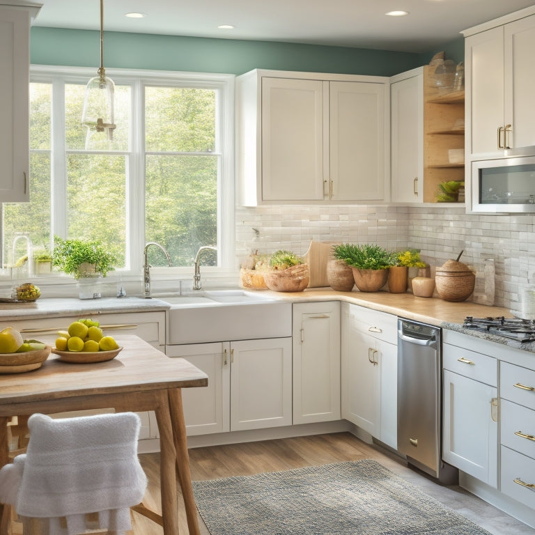 A bright, modern kitchen with a sparkling clean countertop, a few strategically placed cleaning supplies, and a subtle hint of a decluttered pantry in the background, with warm natural light pouring in.