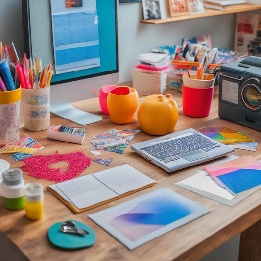 A colorful, messy desk with a laptop, surrounded by scattered printables, such as stickers, planners, and art prints, with a few rolled-up prints and a pair of scissors in the background.