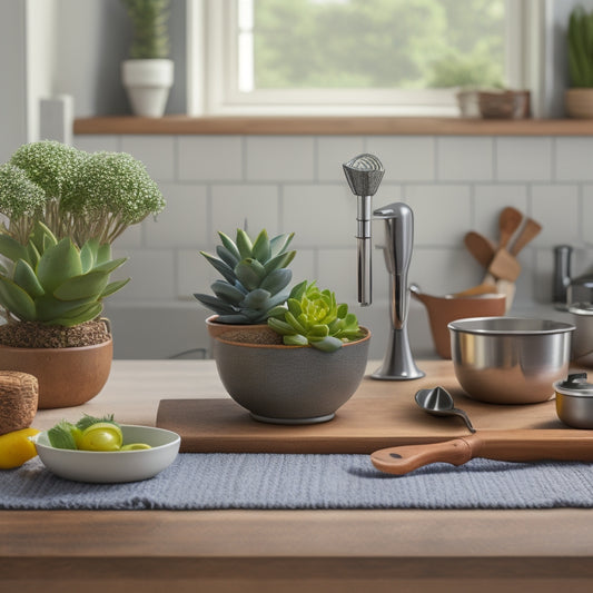 A tidy kitchen countertop with a utensil organizer, a wooden cutting board, a stainless steel stand mixer, a set of measuring cups, and a single, blooming succulent in a small ceramic pot.