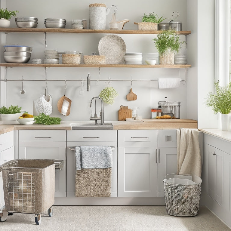 A clutter-free kitchen with a utensil organizer on the wall, a pull-out trash can, and a cart with labeled baskets, surrounded by a few strategically placed herbs and a stainless steel kitchen island.