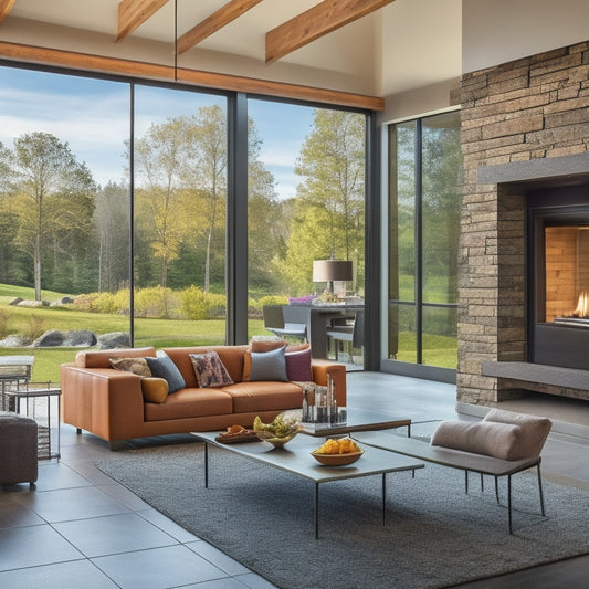 A modern, sleek living room with a floor-to-ceiling stone fireplace, large windows, and a sliding glass door leading to an outdoor kitchen with a granite countertop and stainless steel appliances.