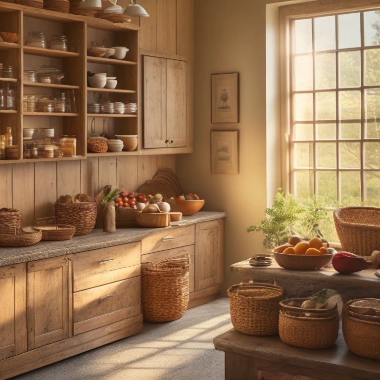 A warm, inviting kitchen with sunlight streaming through a large window, featuring a beautifully organized pantry with apothecary jars, woven baskets, and wooden crates filled with artisanal food and ingredients.