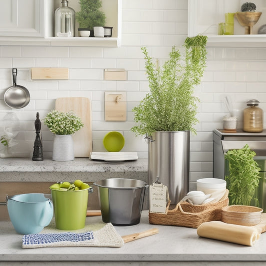 A tidy kitchen countertop with a few, carefully arranged, decluttering tools: a small trash can, a sorting bin, and a roll of stickers, surrounded by a few, strategically placed, kitchen utensils and a vase with fresh herbs.