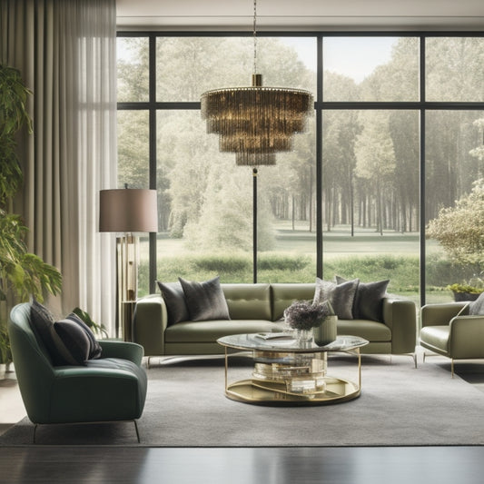 A luxurious, modern living room with sleek lines, plush furnishings, and a statement chandelier, set against a backdrop of floor-to-ceiling windows overlooking a lush, verdant landscape.