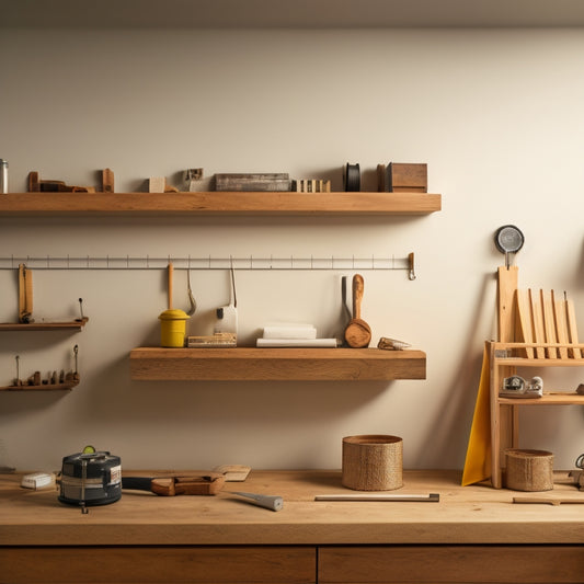 A serene, well-lit workshop with a wooden floating shelf installed on a crisp white wall, surrounded by scattered tools, a level, and a measuring tape, with a faint pencil mark on the wall.