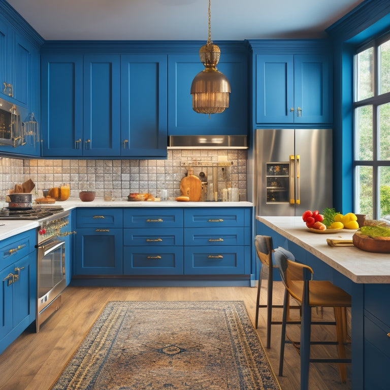 A bright, modern kitchen with three open cabinets showcasing different styles: one with glass doors, one with ornate wooden carvings, and one with sleek, handle-less design.