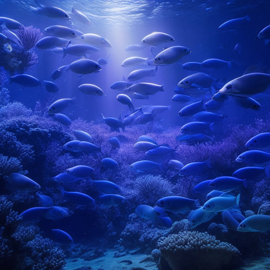 A mysterious, dark blue underwater scene featuring a school of sablefish with iridescent silver bellies, surrounded by faint bioluminescent sparks and delicate seaweed strands, with a subtle gradient of deep blues and purples.