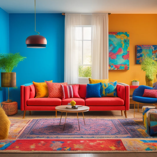 A minimalist living room with a sleek, modern couch, empty walls, and a few sparse decorations, contrasted with a vibrant, digitally decorated space in the background, showcasing colorful patterns and designs.