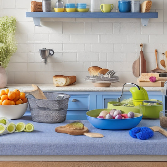 A clutter-free kitchen counter with a stainless steel stand mixer, a wooden utensil holder filled with colorful silicone spatulas, and a few strategically placed baskets filled with fresh produce and whole grain bread.