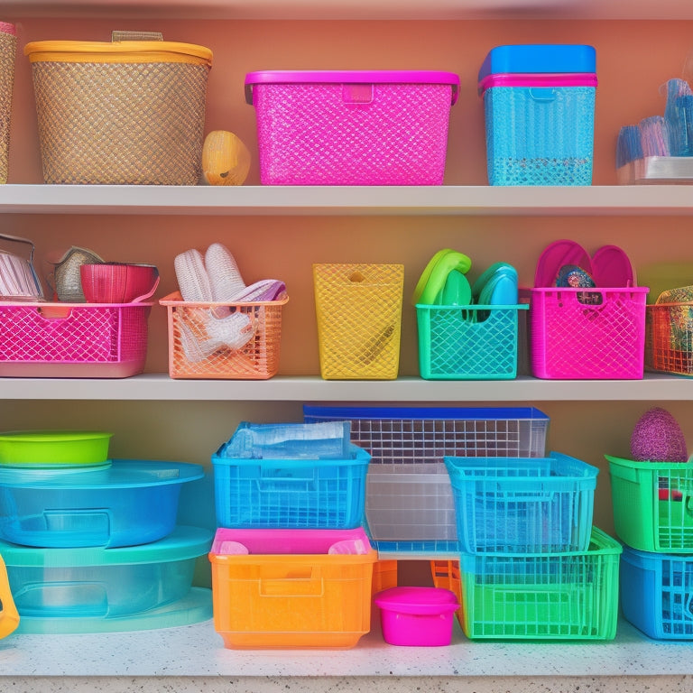 A colorful, clutter-free shelf filled with neatly arranged Dollar Tree storage bins, baskets, and organizers in various shapes and sizes, with a few decorative items in the background.