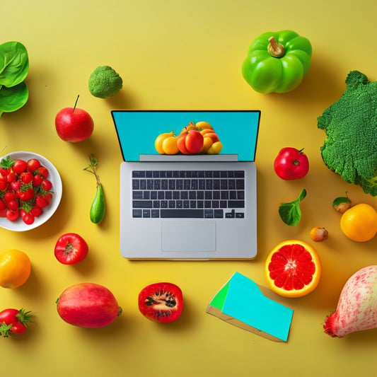 A vibrant, minimalist illustration featuring a wooden kitchen table with a laptop, colorful fruits and vegetables, and a few scattered recipe cards, surrounded by a subtle greenery background.