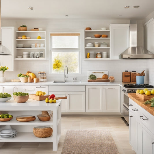 A bright, modern kitchen with sleek white countertops, stainless steel appliances, and a wooden island in the center, surrounded by organized utensils and cookbooks, with open shelving and a few decorative vases.