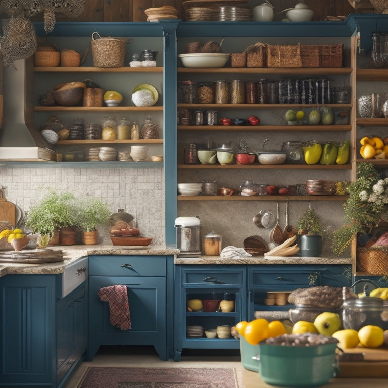 A cluttered small kitchen with open shelves and countertops overflowing with cookbooks, utensils, and food items, contrasted with a sleek, organized pantry system with sliding drawers and adjustable shelves in the background.