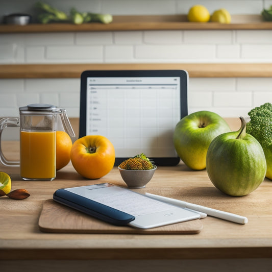 A tidy kitchen countertop with a tablet displaying a digital grocery list, surrounded by a few fresh fruits, a kitchen utensil holder, and a small notebook with a pen, all set against a warm, natural wood background.