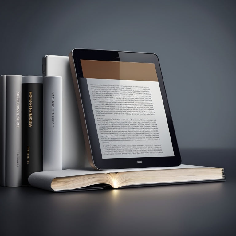 Illustrate a minimalist composition featuring a sleek, modern e-reader device centered on a soft, creamy background, surrounded by scattered ebooks with glowing screens.