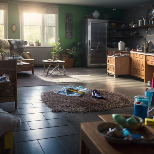 A messy living room with dirty dishes, scattered shoes, and dusty furniture, transformed into a sparkling clean space with a mop, broom, and cleaning supplies in the foreground.