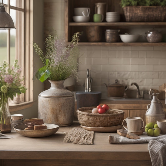 A warm and inviting kitchen with a mix of vintage and modern decor, featuring a distressed wooden table, a vase with fresh flowers, and a few cookbooks stacked on a rustic wooden shelf.