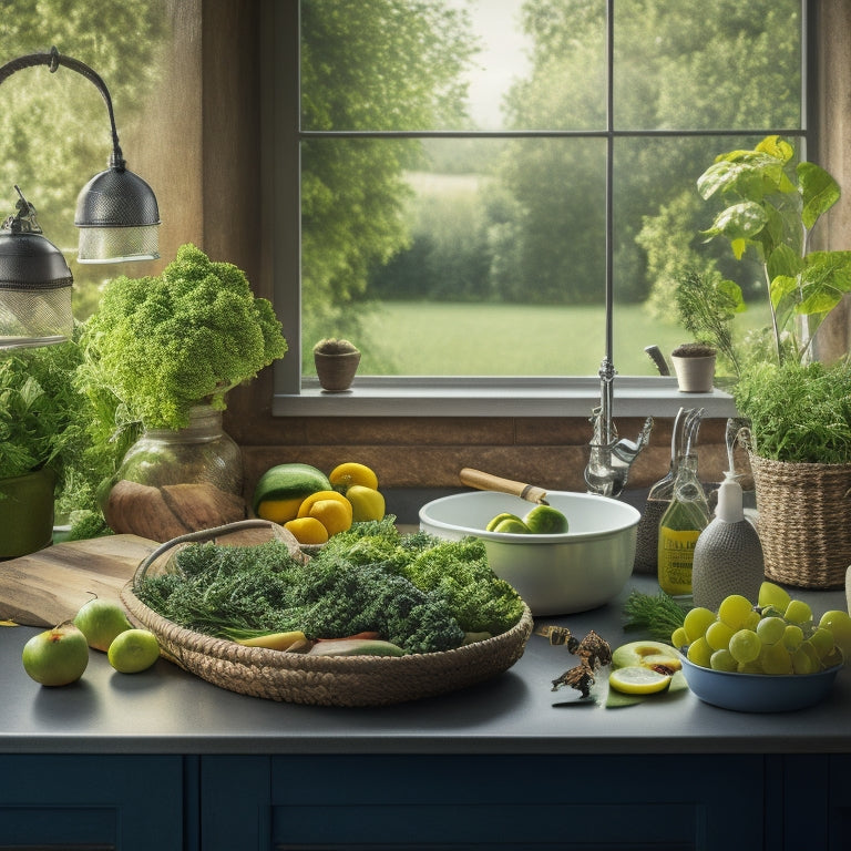 A serene kitchen scene with a stainless steel sink, a wooden cutting board, and a woven basket filled with fresh fruits and vegetables, surrounded by lush greenery, and a few bees buzzing in the background.