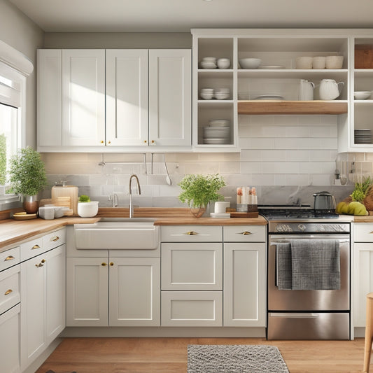 A tidy, compact kitchen with creamy white cabinets, warm wood accents, and sleek stainless steel appliances, featuring a mix of open shelving, pull-out drawers, and nested containers.