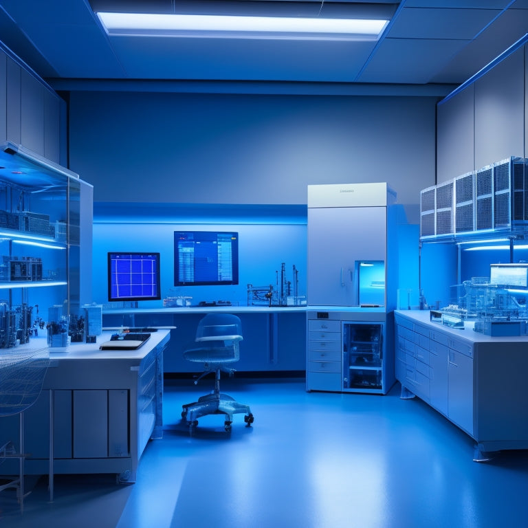 A futuristic, high-tech laboratory setting with sleek, metallic workbenches and arrays of UltiMaker 3D printers, surrounded by scattered futuristic gadgets, wires, and microchips, bathed in a soft, blue-tinted light.