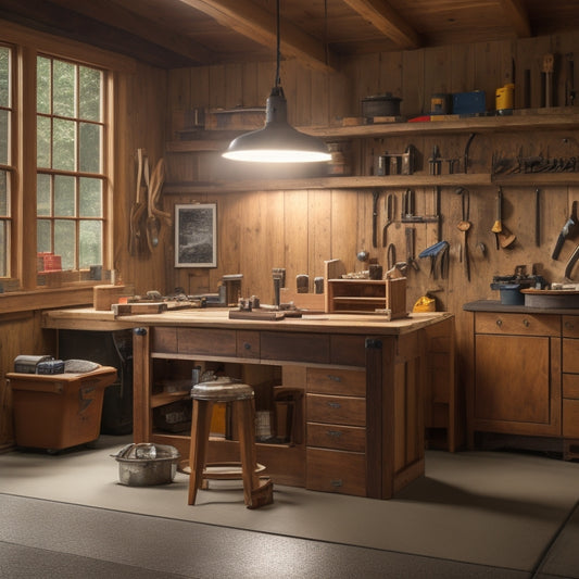 A well-lit, clutter-free garage workshop with a sturdy, custom-built workbench featuring a vice, various tool holders, and a wooden top with a subtle wood grain pattern.