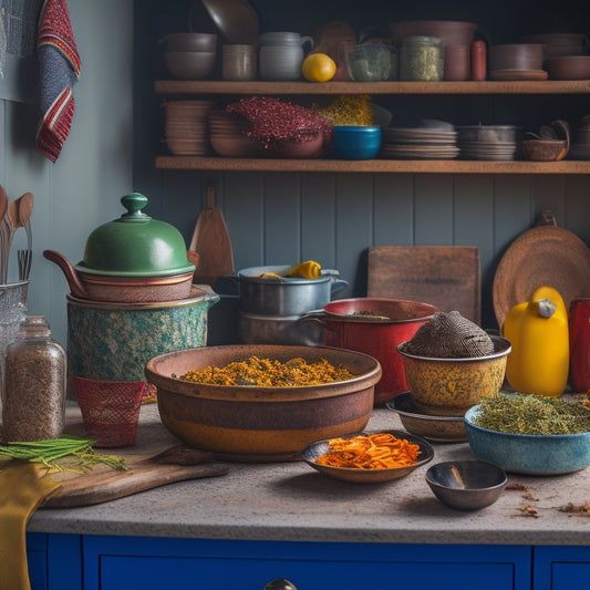 A cluttered kitchen shelf with a fallen ceramic Dutch oven, scattered spices, and a tipped-over canister, surrounded by scattered cookbooks and a few scattered utensils.