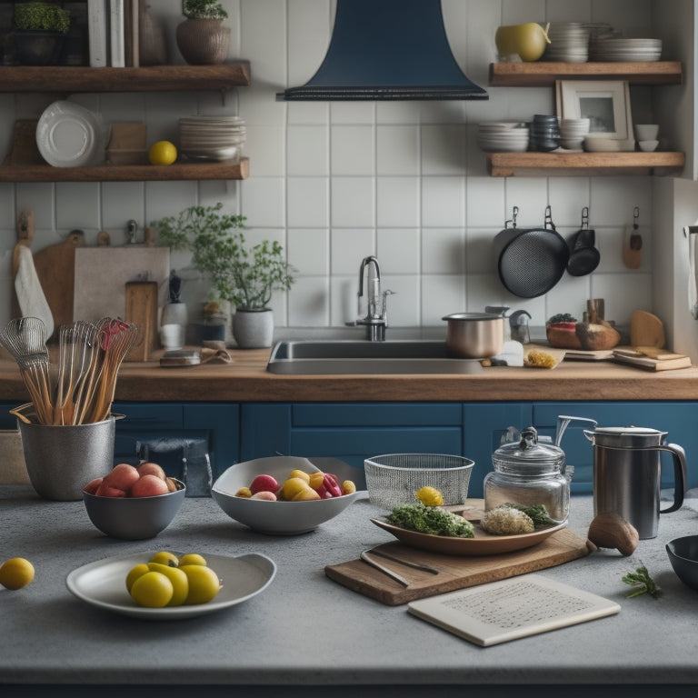 A cluttered kitchen with overflowing countertops, stacks of cookbooks, and utensils scattered everywhere, contrasted with a sleek tablet or smartphone displaying a minimalist, organized digital kitchen design.