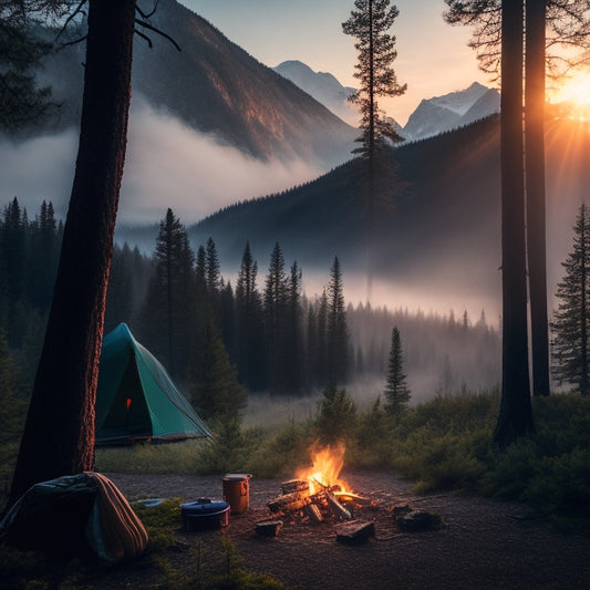 A serene forest landscape at dawn, with a tentside campfire crackling, casting a warm glow on a sleeping bag and backpack, surrounded by towering trees and a misty mountain range in the distance.