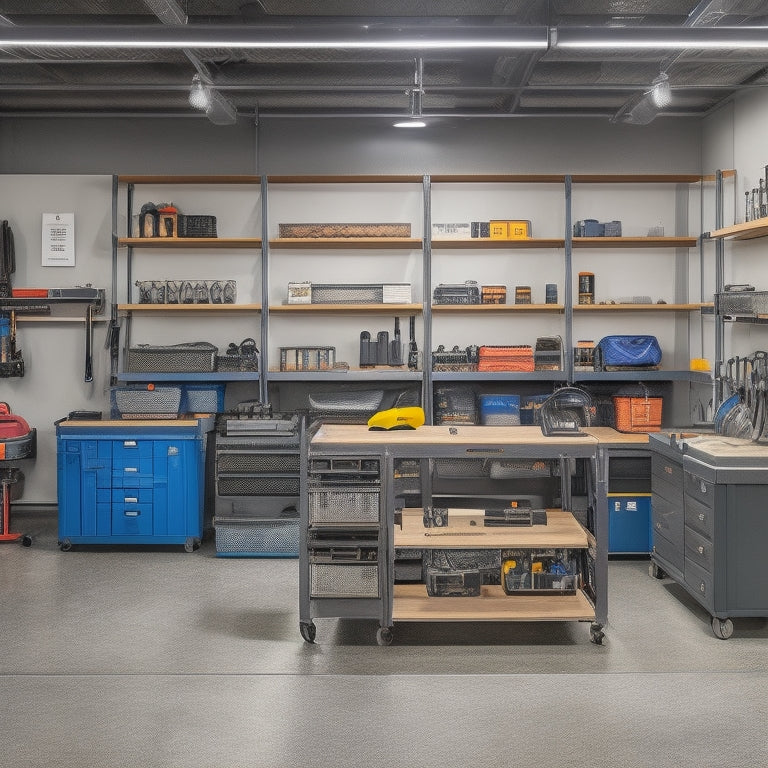 A well-organized maintenance shop with labeled toolboxes, a pegboard with hung tools, and a central workstation with a vice, surrounded by a tidy floor with designated zones for inventory and equipment storage.