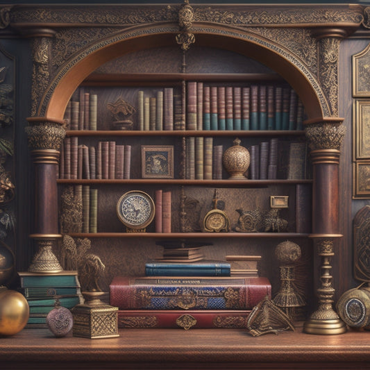 An illustration of a whimsical, old-fashioned bookshelf with intricately carved wooden details, overflowing with peculiar, leather-bound tomes, and surrounded by curious, sparkling trinkets and strange artifacts.